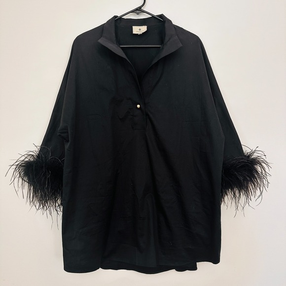 Tuckernuck Blouse Womens XL Boxy Black Feather Willow Glam Pullover Stand Collar - Picture 1 of 9